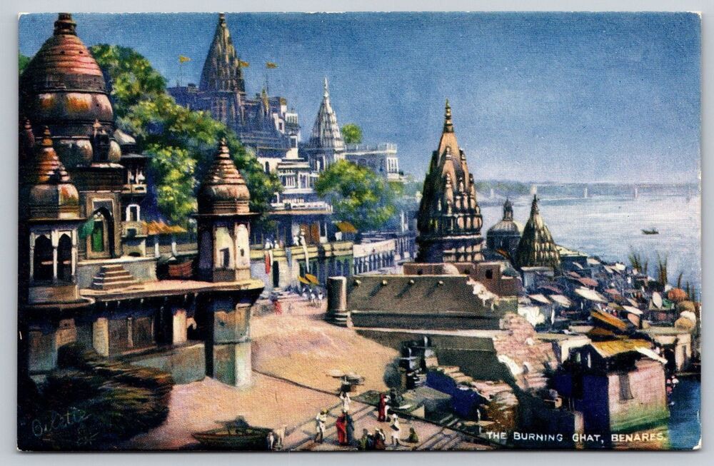 India Postcard The Burning Ghat Benares Varanasi Raphael Tuck Oilette 7239 Vtg